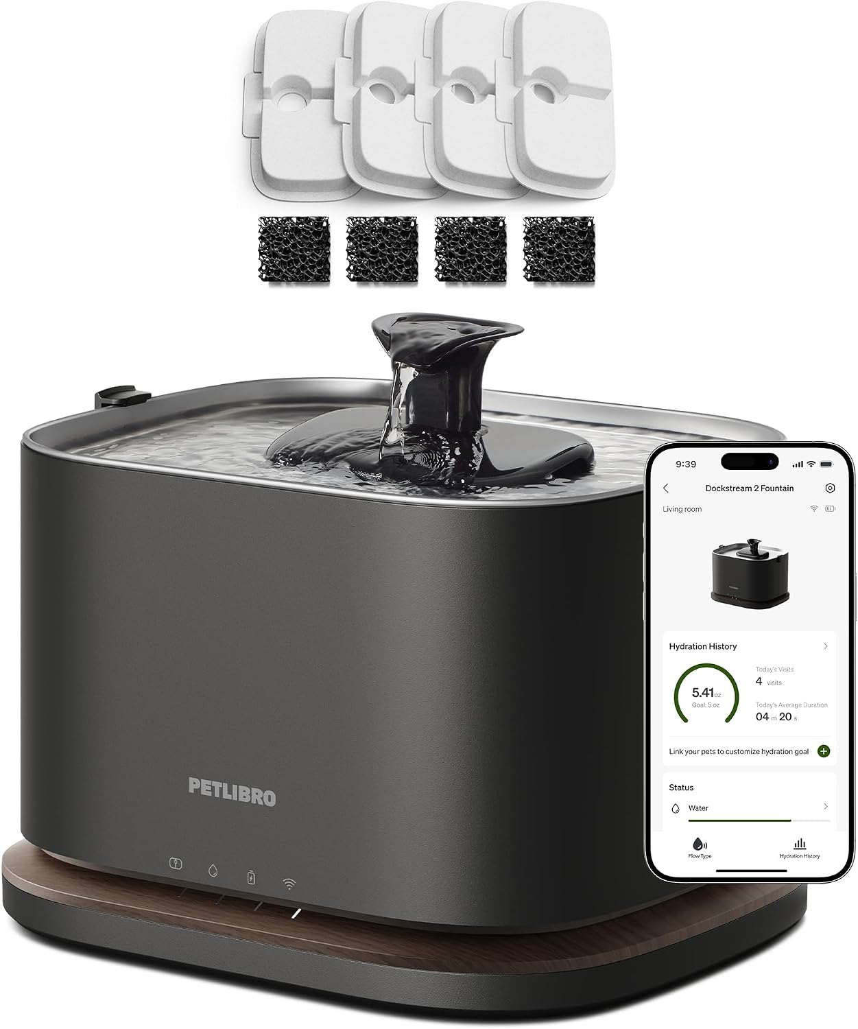 PETLIBRO Cat Water Fountain Stainless Steel Tray, Cordless Smart Cat Fountain with App Monitoring, Quiet Pet Water Fountain Indoor, 3L/101oz Cat fountains for drinking, Easy to Clean 5G WiFi Dispenser